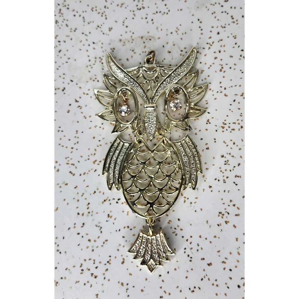 Vintage Silver OWL Pendant - Mid Century Modern - Rhinestone Eyes 4" Long